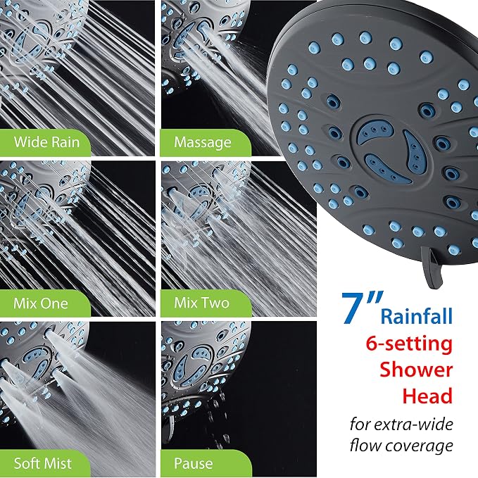 AquaCare 50-mode High Pressure 7 inch Shower Head Combo w/Dual Power Wash | Hygienic Jets, 2-mode Handheld Power Wash for Tub, Tile & Pets, Long 6 ft. Stainless Steel Hose, Extra Wall Bracket / Bronze