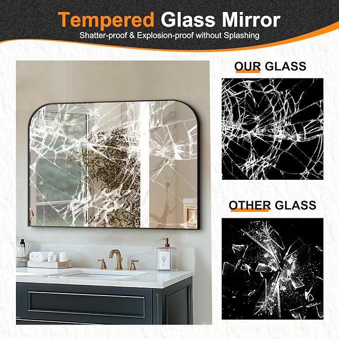 30"x40" Black Metal Framed Bathroom Mirror for Over Sink | Rounded rectangle shape. Shatterproof HD glass, all mounting hardware for bathroom, bedroom, entryway.