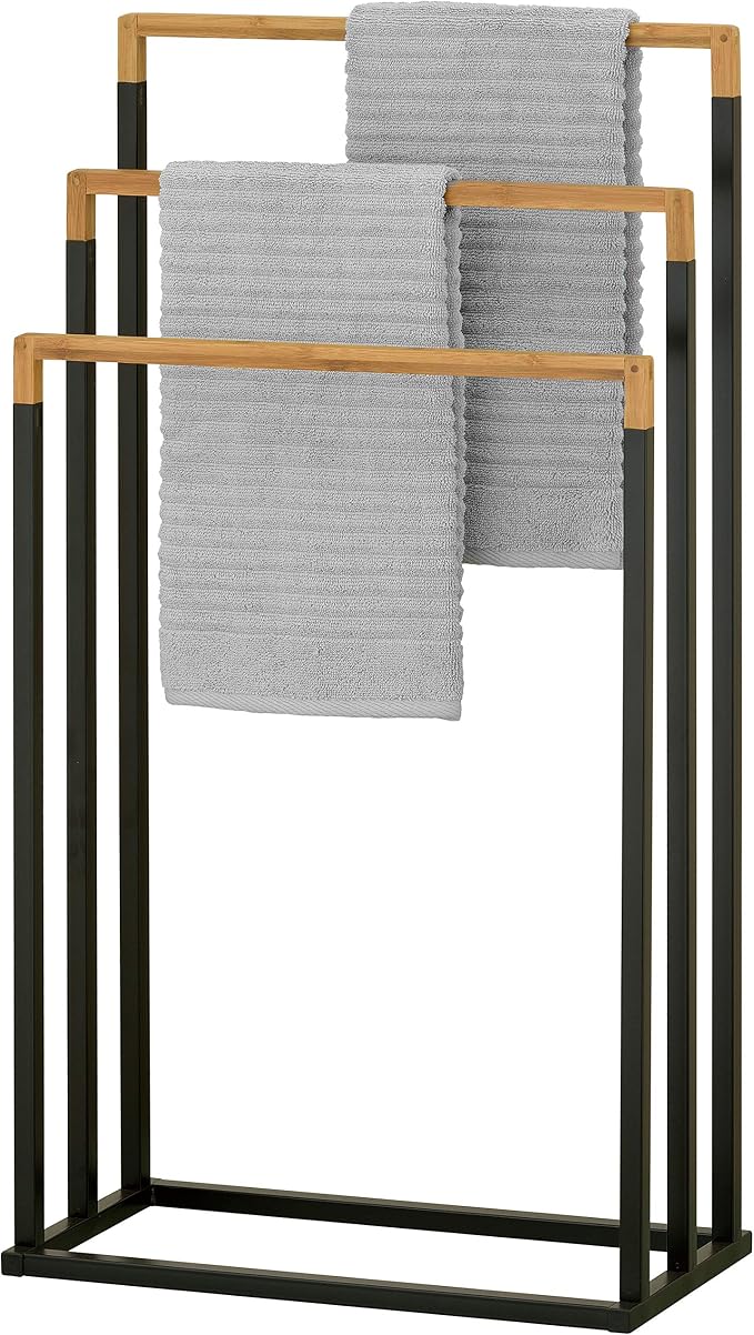 MyGift 33 Inch Standing Towel Rack, Freestanding Bath Towel Holder with 3 Tier Bamboo Wood Bar and Black Chrome Plated Metal, Drying Rack Stand for Bathroom, Laundry