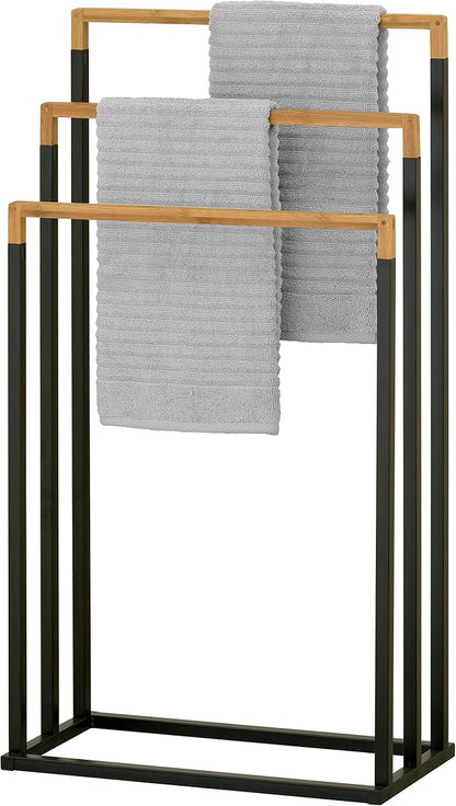 MyGift 33 Inch Standing Towel Rack, Freestanding Bath Towel Holder with 3 Tier Bamboo Wood Bar and Black Chrome Plated Metal, Drying Rack Stand for Bathroom, Laundry