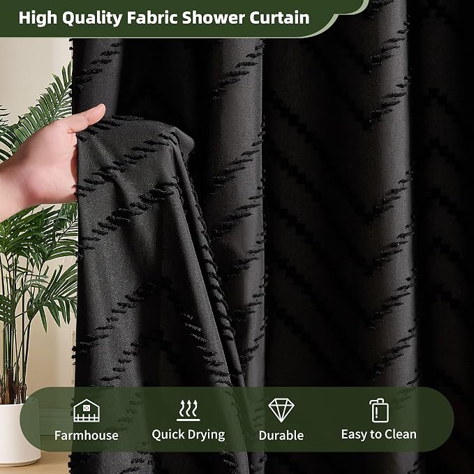 Siiluminisoy Extra Long Black Boho Shower Curtain with Tassel, Woven Fabric 72 x 90, Tufted Chevron Striped, Modern Chic Textured Minimalist