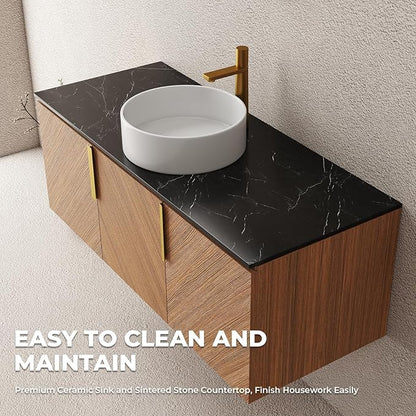 LKTART 48 Inch Bathroom Vanity with Sink, Modern Wall Mounted Bathroom Sink with 3 Doors, Black Sintered Stone Countertop and White Round Ceramic Basin