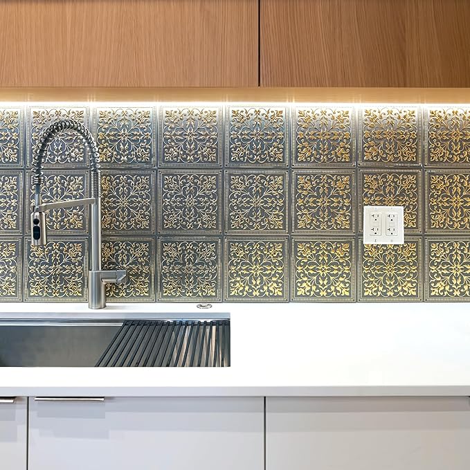 Peel and Stick Metal Backsplash Tiles, Rustic Farmhouse, 10-Pack | 8 x 8 in tile size; Covers up to 4.44 sq ft; Aluminum; Water-resistant surface; For kitchens, ceilings, DIY projects