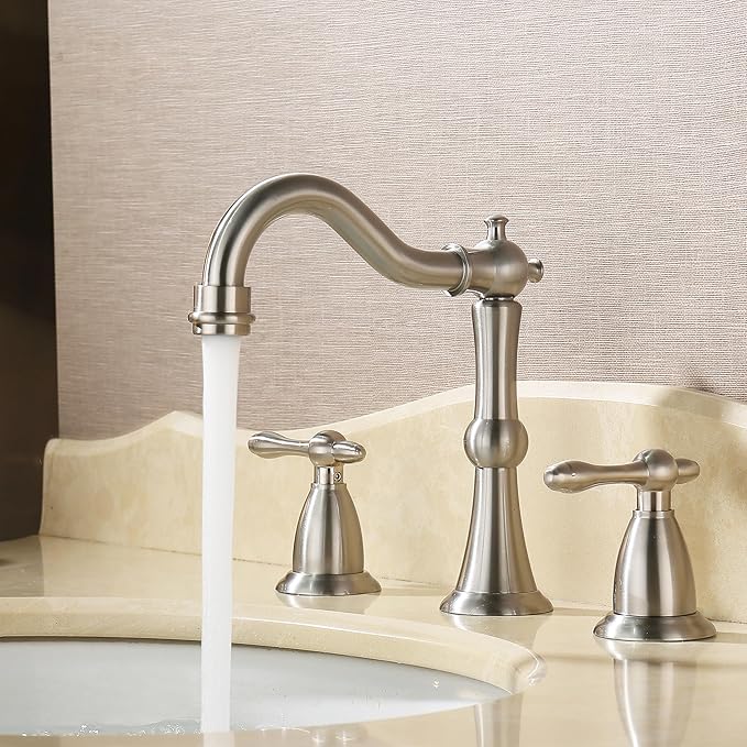 Brushed Nickel 3 Hole Bathroom Faucet, Widespread Antique Bathroom Sink Faucet with Pop Up Drain and cUPC Supply Hose, Modern 2 Handle Modern Brushed Sink Faucet Bathroom JXM3073BN