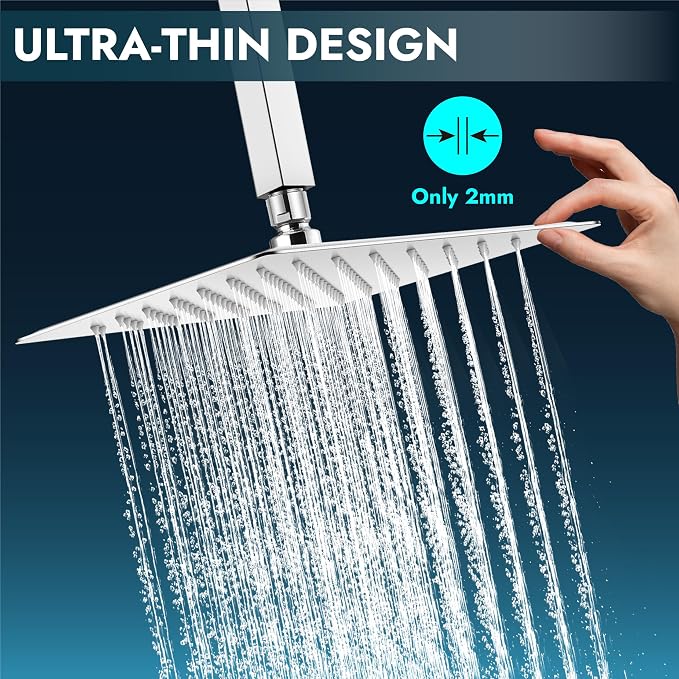 Midanya Square Rain Shower Head,High Pressure,Polish Chrome 16 Inch | 360°Swivel,Ceiling or Wall Mount,Waterfall Full Body Coverage,Bathroom Remodel,Stainless Steel Large Rainfall Shower Head