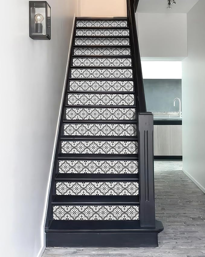 FLFK Stair Riser Decals,Black Patterns Vinyl Sticker for Stairs Decoration,14Pcs 39.3"X7.08"
