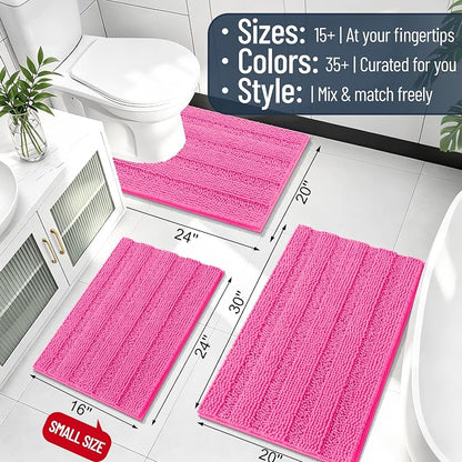 Smiry Thick Chenille Bathroom Rugs 30x20, Soft Absorbent Bath Mat, Hot Pink | Quick‑Dry & Machine Washable, Non‑Slip Bath Carpet, Striped Bath Rugs for Tub & Shower, Modern Home Decor Accessories