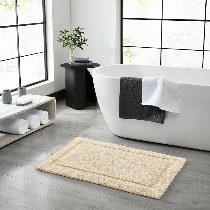 Jean Pierre New York Lydia Border 100% Cotton Bath Mat - Non-Slip Bath Rug - Ivory - 27"x45"