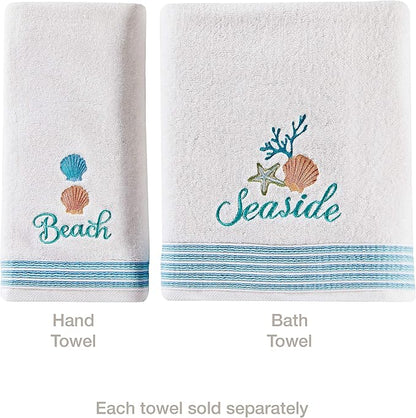 SKL Home South Seas Hand Towel Set-2pc, Coastal Embroidery, White | 100% Cotton. Soft, absorbent terry. For use in the bathroom, kitchen or bar. Great for Airbnb & beach décor.