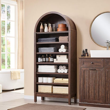 IFBUY 71" Tall Arched Bathroom Storage Cabinet, 7-Tier Modern Farmhouse Storage Cabinet with Adjustable Shelves, Wood Freestanding Cabinet for Bathroom, Living Room, Entryway, Hallway-Brown
