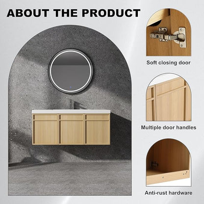48" Wall Mounted Bathroom Vanity with Resin Sink, Floating Vanity with 3 Soft Closing Doors, Original Oak Plywood (KD-Packing)