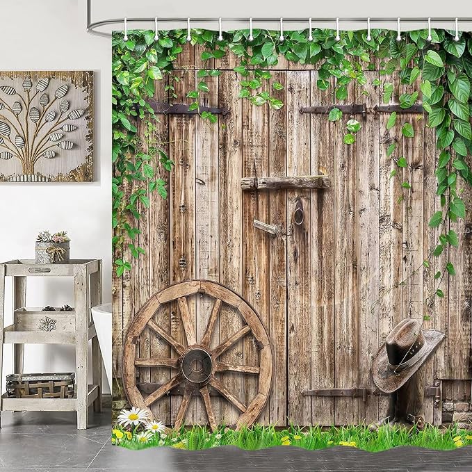 Rustic Farmhouse Country Barn Door Shower Curtain for Bathroom,Wood Board Plank Country Vintage Green Leaves Garage Cabin Decor Curtains,Wooden Wheel Boots Bath Curtains with Hooks 70X70IN