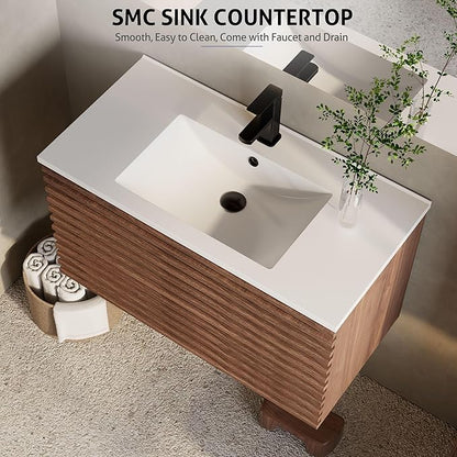 eclife 36" Floating Bathroom Vanity with Sink Combo Mid-Century Wall Mounted Cabinet with Wood Stripes Decor, Drawers, Undermount Single Sink, Faucet, Drain, Cocoa Brown