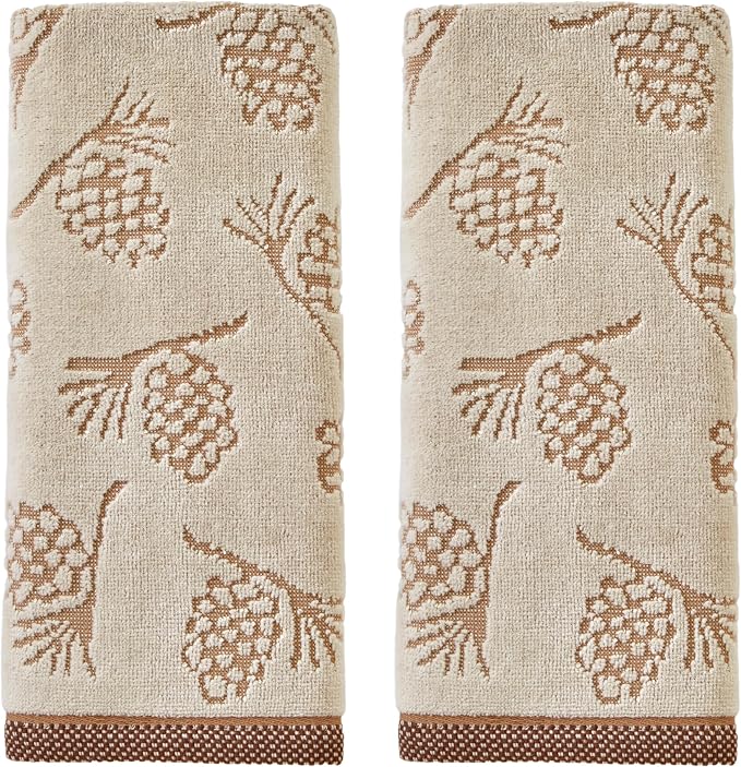 SKL Home Fall/Winter/Christmas Pinecone Hand Towel Set-2pc, Jacquard, Wheat | 100% Cotton. 550 GSM. Soft & absorbent jacquard. For the bathroom, kitchen or bar. Fun for fall, lodge/cabin décor & gifting.