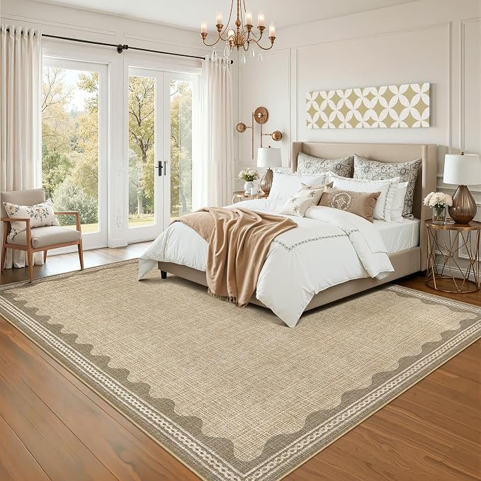 Garvee Scalloped Rug 5x7 Washable Living Room Rug Non Slip Modern Rugs Jute | Ultra Soft Non-Shedding Floor Cover Low Pile Stain-Resistant Bordered Print Throw Carpet for Bedroom Kids Room Dorm