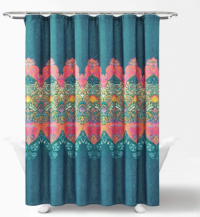 Lush Decor Boho Chic Shower Curtain with Liner and Rings 14 Piece Set 72" W x 72" L Navy - Boho Shower Curtain Set - Colorful Bathroom Curtains