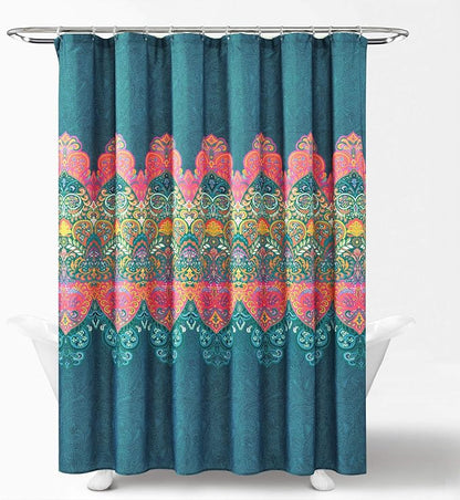 Lush Decor Boho Chic Shower Curtain with Liner and Rings 14 Piece Set 72" W x 72" L Navy - Boho Shower Curtain Set - Colorful Bathroom Curtains