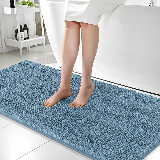 OLANLY Thick Bathroom Runner Rugs 59x24, Soft Chenille Bath Rugs, Airy Blue | Absorbent Striped, Rubber Backing, Machine Wash, Long Bath Mats for Bathroom Floor, Tub and Shower, Home Decor Accessories