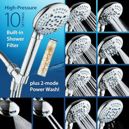 AquaCare 4X 10-Mode High Pressure Hand Shower w/Filter & 2-mode Power Wash | Filters Chlorine & Toxins, Softens Hard Water for Healthy Skin & Hair. Handheld Power Head Cleans Tub, Tile & Pets / Chrome