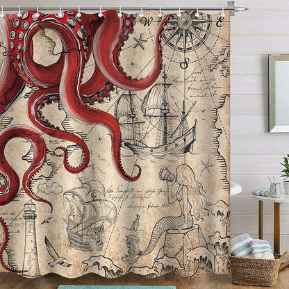 Fungarth Vintage Red Nautical Octopus Shower Curtain Mermaid Funny Ocean Kraken Shower Curtains for Bathroom Cool Anchor Coastal Map Waterproof Fabric Bath Curtain Decor with Hooks (Retro1, 72” x 72”)