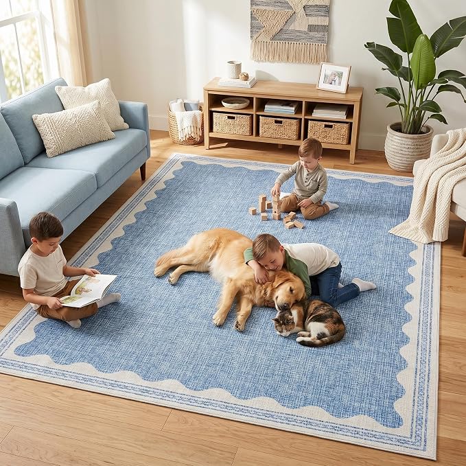 Garvee Modern Bordered Rugs for Living Room 8x10 Large Washable Rug Blue | Non Slip Low Pile Soft Carpet Foldable Non Shedding Stain Resistant Floor Cover for Bedroom Playroom Nursery Office Dorm