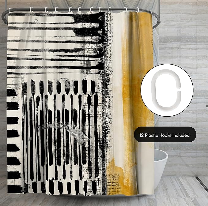 Americanflat 71x74 Abstract Shower Curtain - Water-Resistant Long Shower Curtain with Durable Metal Grommets and 12 Hooks - 100% Polyester - Black, Ivory, and Ochre Yellow