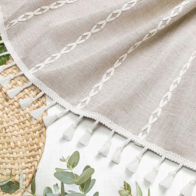 Boho Farmhouse Tassel Linen Shower Curtain,3D Embroidery Stripe Taupe,36x72 | Small Stall Half Size,310GSM Linen Texture Heavy Duty Cloth,Water Repellent,Wrinkle Resistant,Vintage Farmhouse Rustic