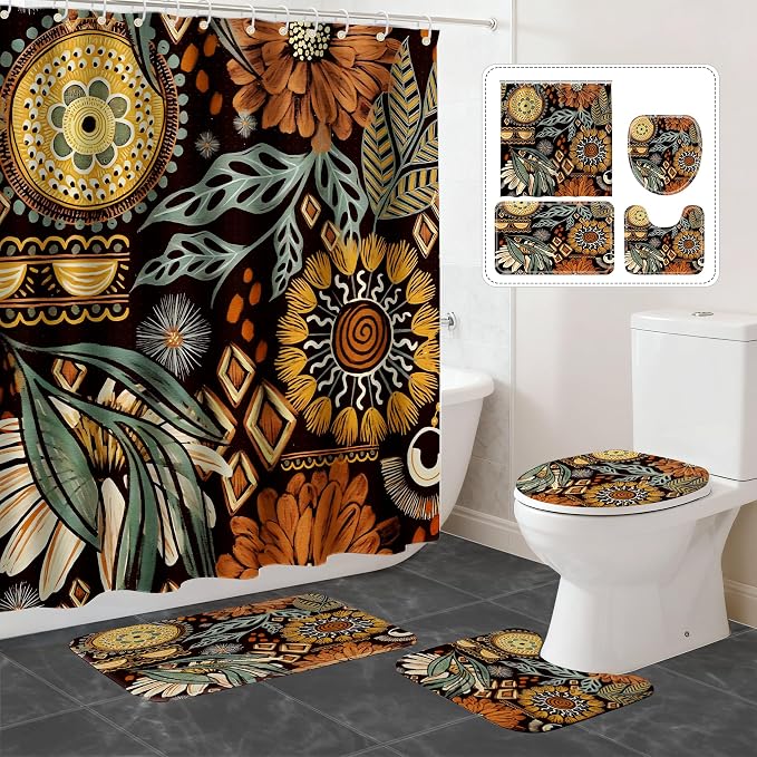 16 Pcs Shower Curtain Set with Rugs Boho and Metal Hooks Bath Mat 120gsm Heavy Weight Fabric Shower Curtains Bathroom Sets Decor Non-Slip Bathroom Rug and Bath Curtain Set 72 x 72 Inch,H-Boho