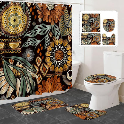 16 Pcs Shower Curtain Set with Rugs Boho and Metal Hooks Bath Mat 120gsm Heavy Weight Fabric Shower Curtains Bathroom Sets Decor Non-Slip Bathroom Rug and Bath Curtain Set 72 x 72 Inch,H-Boho
