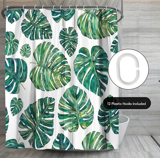 Americanflat 71x74 Botanical Shower Curtain - Water-Resistant Long Shower Curtain with Durable Metal Grommets and 12 Hooks - 100% Polyester - Ivory and Green Bathroom Curtains