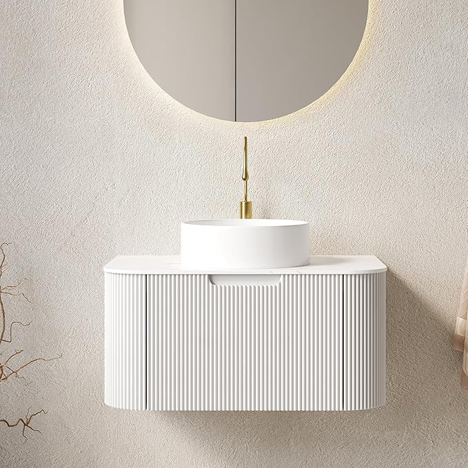 LKTART 30 Inch Floating Bathroom Vanity with Sink, Modern Wall Mounted Bathroom Storage Cabinet with Drawer, Round White Ceramic Sink Top and Marble Texture Top, White