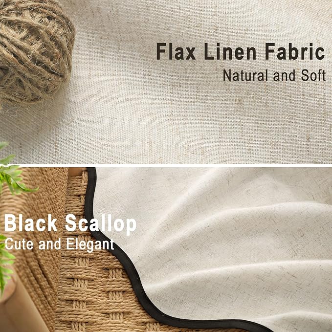 Scalloped Shower Curtain Linen Boho Flax Cream 72" W x 90" L | Linen Fabric, Black Border, Washable, Heavy Duty Cloth, Shower Curtain for Boho Farmhouse Bathroom Bathtub