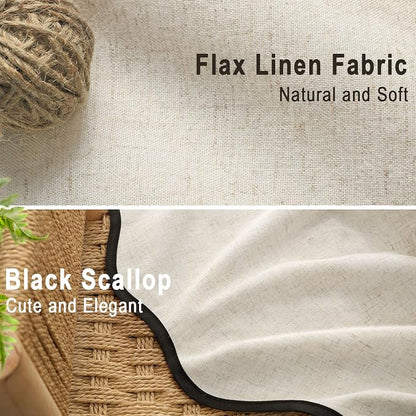 Scalloped Shower Curtain Linen Boho Flax Cream 72" W x 84" L | Linen Fabric, Black Border, Washable, Heavy Duty Cloth, Shower Curtain for Boho Farmhouse Bathroom Bathtub