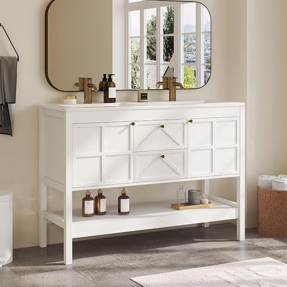 Bathroom Vanity with Double Sink Set, 48 Inch Pedestal Sink Storage Cabinet with 2 Drawers & 2 Doors, Mid-Century Modern Bathroom Vanity with Open Bottom Shelf, White