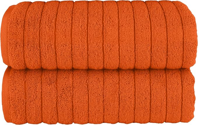 Elegant Comfort 100% Turkish Cotton Corduroy Ribbed Luxury Soft 2 Pack Bath Towels 27 x 54 Inch - Ultra Plush, Absorbent, Quick Dry, Hotel Spa Quality Towels for Bathroom Essentials, Orange