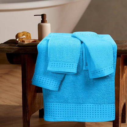 GLAMBURG Ultra Soft 3 Pack Cotton Towel Set, Contains a Bath Towel 28x55 inch, a Hand Towel 16x24 inch & a Wash Coth 12x12 inch, Ideal Everyday use, Compact & Lightweight - Turquoise Blue