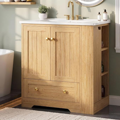 IRONCK Bathroom Vanity with Ceramic Sink, 30" Bathroom Cabinet, Natural | Features a Ceramic Sink, 3 Doors, 1 Drawer and Flexible Side Storage for Organized Bathroom Storage