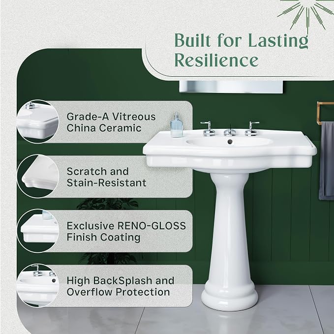 Renovators Supply Manufacturing Darbyshire 34"W x 22.5" D x 32" H Large Bathroom Pedestal Sink. Vitreous China with Overflow, 8 in. Widespread Faucet Holes