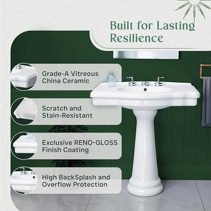 Renovators Supply Manufacturing Darbyshire 34"W x 22.5" D x 32" H Large Bathroom Pedestal Sink. Vitreous China with Overflow, 8 in. Widespread Faucet Holes