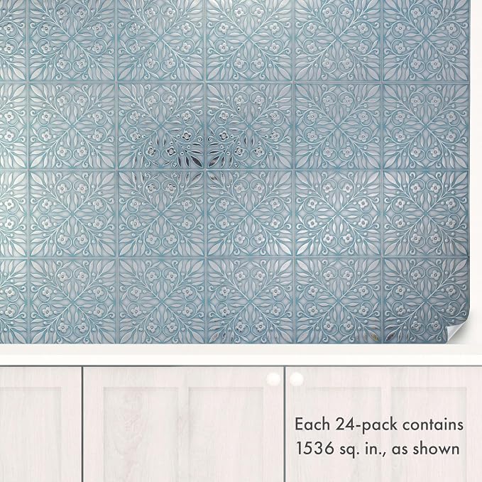 Main Street Peel and Stick Wallpaper Tiles, Teal & Silver Leaves, 24-Pack | 8"x8" tiles, covers 10.67 sq ft. Peel-and-stick paper, no extra adhesive needed. Ideal for backsplashes & DIY projects.