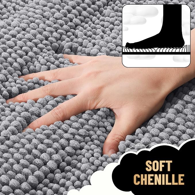 OLANLY Thick Bathroom Runner Rugs 59x20, Soft Chenille Long Bath Rugs, Grey | Absorbent Striped, Rubber Backing, Machine Wash, Bath Mats for Bathroom Floor, Tub and Shower, Home Decor Accessories