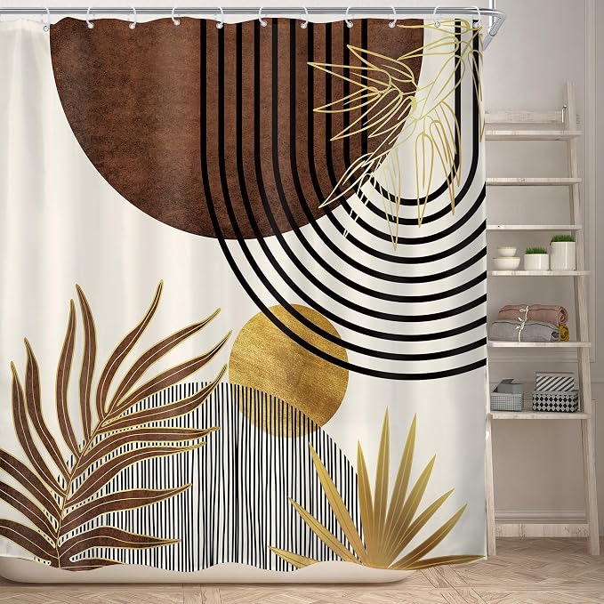 Mid Century Brown Boho Abstract Modern Gold Bathroom Shower Curtain Set | 72Wx72H Arch Sun design, waterproof HD print with fast-drying fabric and 12 hooks.