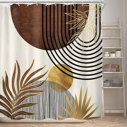 Mid Century Brown Boho Abstract Modern Gold Bathroom Shower Curtain Set | 72Wx72H Arch Sun design, waterproof HD print with fast-drying fabric and 12 hooks.