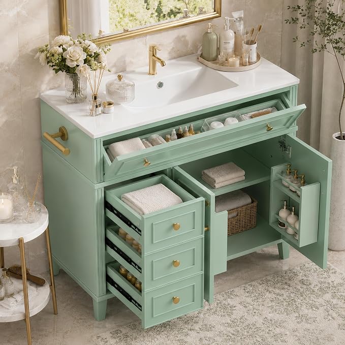36" Bathroom Vanity with Sink, Freestanding Bathroom Cabinet | Ceramic Top & Backsplash, 3 Storage Drawers, 1 Tilt-Out Storage, Adjustable Shelving, Door Storage and Towel Bar, Sage Green
