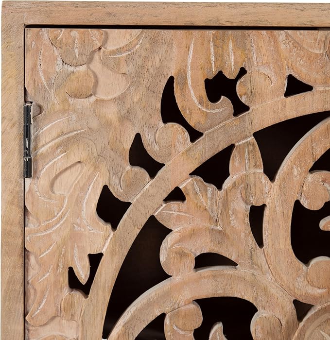 Kate and Laurel Saanvi Traditional Carved Wood Wall Cabinet, 20 x 6 x 20, Light Natural, Dimensional Over The Toilet Storage Cabinet for Bathroom Storage and Display