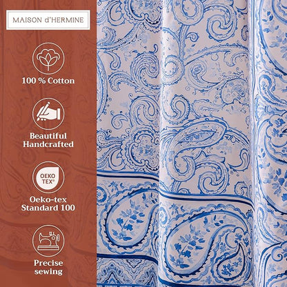 Maison d' Hermine Shower Curtain 100% Cotton One Panel 70"x72" Washable Fabric Shower Curtains for Bathroom, Easy Hanging with 12 Button Holes -Hotel Spa Easter Gifts (Palatial Paisley - Blue)