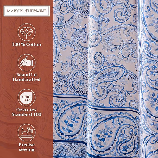 Maison d' Hermine Shower Curtain 100% Cotton One Panel 70"x72" Washable Fabric Shower Curtains for Bathroom, Easy Hanging with 12 Button Holes -Hotel Spa Easter Gifts (Palatial Paisley - Blue)