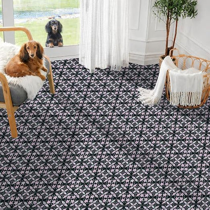 Purple Sparkle Floral Peel and Stick Floor Tiles 12x12 Inch 10PCS | Purple Printed Sparkle Floral self adhesive PVC vinyl tiles for kitchen bathroom entryway and indoor home decor