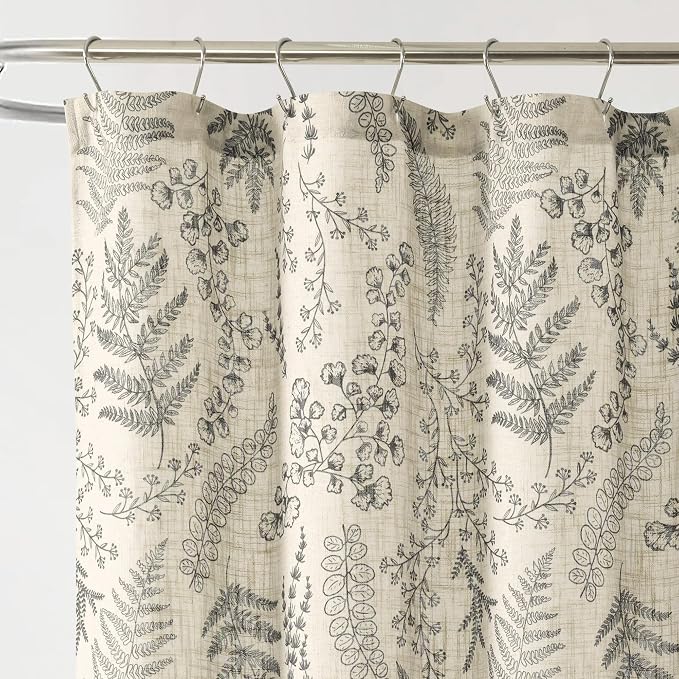Lush Decor - Shower Curtain, Textured Linen Design, Botanical Dreams, Floral Bathroom Decor (Light Linen/Black, 72" x 72")