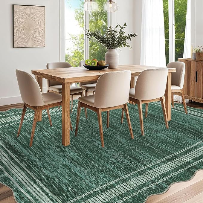 Garvee Scalloped Rug 9x12 Green Washable Rug for Living Room | Girls Rug for Bedroom Non-Slip Soft Carpet for Bedroom, Scalloped Low-Pile Print Accent Rug for Dining Room Home Office